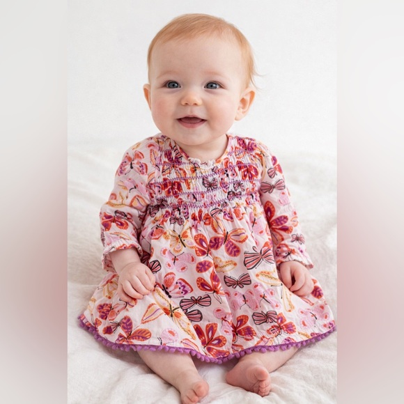 Peek Other - Peek Baby Girl Butterfly Print Smocked Dress Pink Orange Long Sleeve Size 6-12M